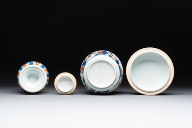 A Chinese Imari-style teapot, a covered sugar bowl and a covered vase or shaker, Kangxi/Qianlong