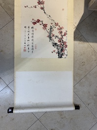 Qi Gong 啟功 (1912-2005): 'Calligraphy and plum blossom', ink and colour on paper, dated 1986