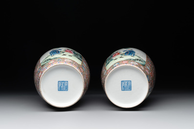 A pair of Chinese famille rose eggshell porcelain rouleau vases, Qianlong mark, Republic