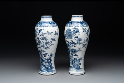 A pair of Chinese blue and white vases with floral design, Qianlong