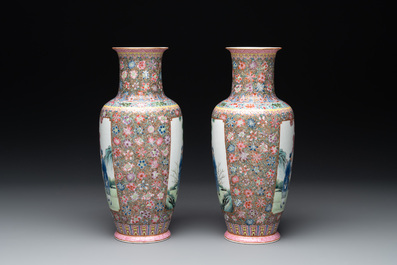 A pair of Chinese famille rose eggshell porcelain rouleau vases, Qianlong mark, Republic