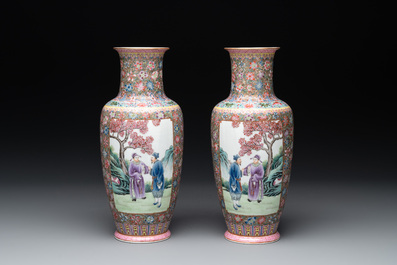 A pair of Chinese famille rose eggshell porcelain rouleau vases, Qianlong mark, Republic