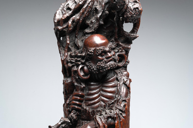A large Chinese carved hongmu group of Fuhu Luohan and tigers, Republic