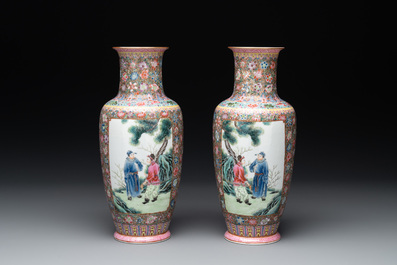 A pair of Chinese famille rose eggshell porcelain rouleau vases, Qianlong mark, Republic