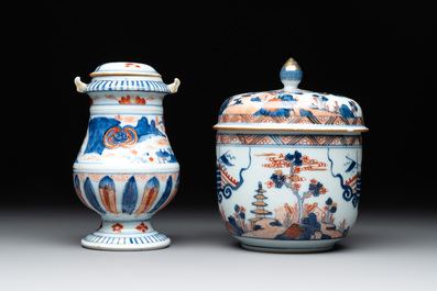 A Chinese Imari-style teapot, a covered sugar bowl and a covered vase or shaker, Kangxi/Qianlong