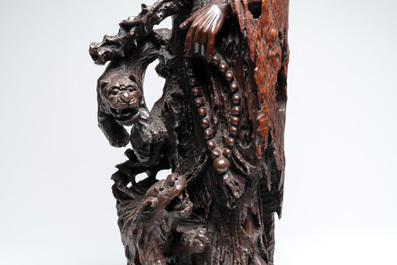 A large Chinese carved hongmu group of Fuhu Luohan and tigers, Republic