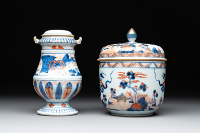 A Chinese Imari-style teapot, a covered sugar bowl and a covered vase or shaker, Kangxi/Qianlong