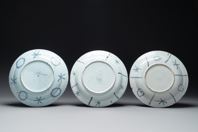 Three blue and white Dutch Delft chinoiserie dishes, late 17th C.
