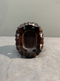 A Chinese blue and white 'double mandarin duck' ewer or water dropper on wooden stand, Ming, ca. 1500