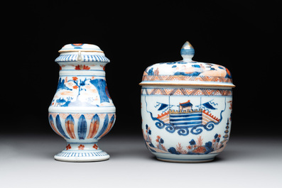 A Chinese Imari-style teapot, a covered sugar bowl and a covered vase or shaker, Kangxi/Qianlong