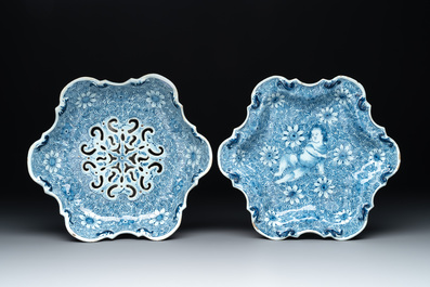A blue and white Dutch Delft strawberry strainer and stand, 18th C.