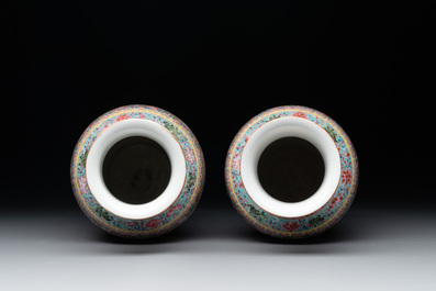 A pair of Chinese famille rose eggshell porcelain rouleau vases, Qianlong mark, Republic