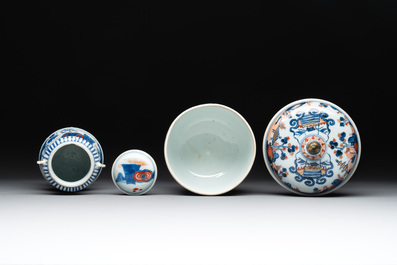 A Chinese Imari-style teapot, a covered sugar bowl and a covered vase or shaker, Kangxi/Qianlong
