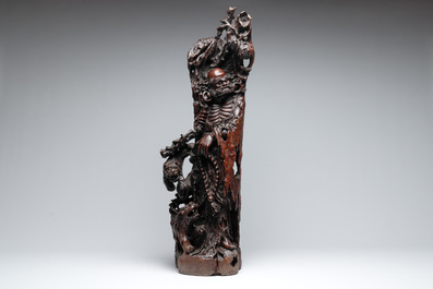A large Chinese carved hongmu group of Fuhu Luohan and tigers, Republic