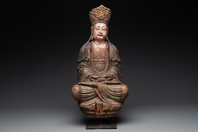 A Chinese polychromed wooden Buddha, 20th C.