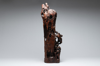 A large Chinese carved hongmu group of Fuhu Luohan and tigers, Republic