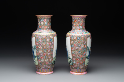 A pair of Chinese famille rose eggshell porcelain rouleau vases, Qianlong mark, Republic
