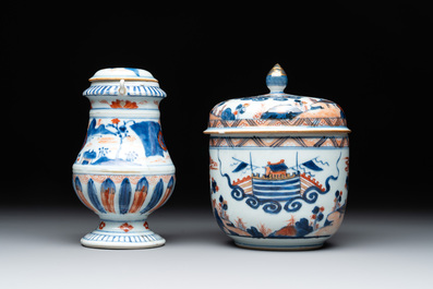 A Chinese Imari-style teapot, a covered sugar bowl and a covered vase or shaker, Kangxi/Qianlong