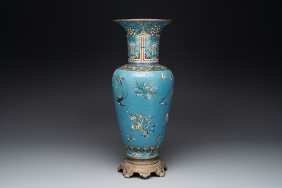 A Chinese cloisonn&eacute; 'birds, butterflies and flowers' vase, 19th C.