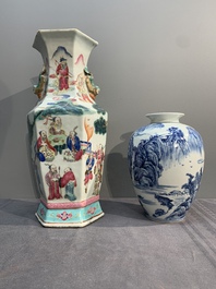 A collection of six Chinese blue and white, famille rose and verte wares, Kangxi and Tongzhi mark, 19/20th C.
