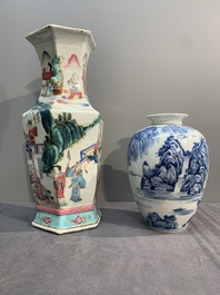 A collection of six Chinese blue and white, famille rose and verte wares, Kangxi and Tongzhi mark, 19/20th C.