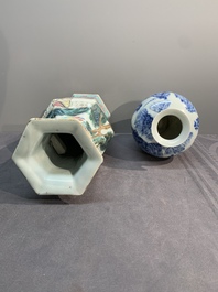 A collection of six Chinese blue and white, famille rose and verte wares, Kangxi and Tongzhi mark, 19/20th C.