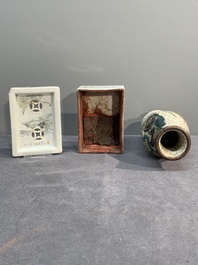 A collection of six Chinese blue and white, famille rose and verte wares, Kangxi and Tongzhi mark, 19/20th C.