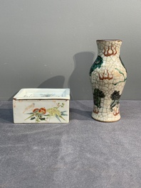 A collection of six Chinese blue and white, famille rose and verte wares, Kangxi and Tongzhi mark, 19/20th C.