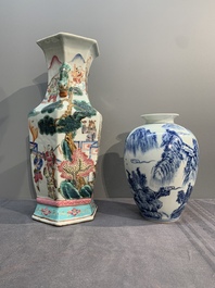A collection of six Chinese blue and white, famille rose and verte wares, Kangxi and Tongzhi mark, 19/20th C.