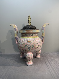 A large and impressive Chinese famille rose 'bajixiang and lotus scroll' censer with a wooden cover, Jiaqing mark and of the period