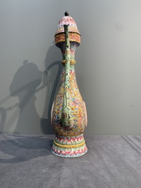 A large Chinese yellow-ground Canton enamel ewer and cover, Qianlong