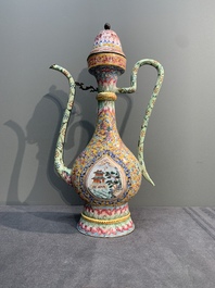 A large Chinese yellow-ground Canton enamel ewer and cover, Qianlong
