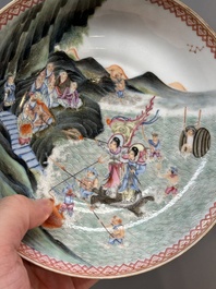 A Chinese famille rose eggshell 'immortals' plate, Qianlong mark, 20th C.