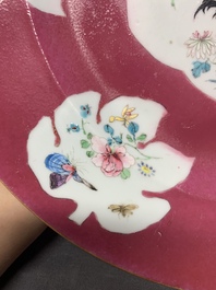 A Chinese famille rose ruby-ground 'rooster' dish, Yongzheng