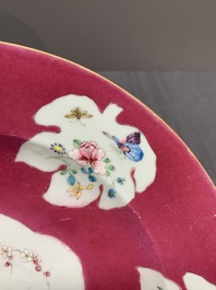 A Chinese famille rose ruby-ground 'rooster' dish, Yongzheng