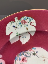 A Chinese famille rose ruby-ground 'rooster' dish, Yongzheng