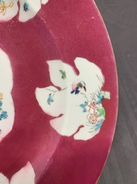 A Chinese famille rose ruby-ground 'rooster' dish, Yongzheng