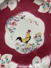 A Chinese famille rose ruby-ground 'rooster' dish, Yongzheng
