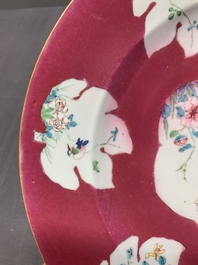 A Chinese famille rose ruby-ground 'rooster' dish, Yongzheng
