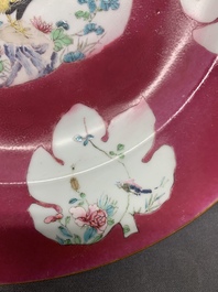 A Chinese famille rose ruby-ground 'rooster' dish, Yongzheng