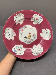 A Chinese famille rose ruby-ground 'rooster' dish, Yongzheng