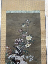 Chinese school: 'Rooster and flowers', ink and colour on silk, 19/20th C.