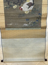 Chinese school: 'Rooster and flowers', ink and colour on silk, 19/20th C.