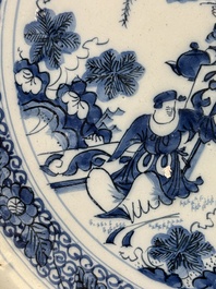 A large blue and white Dutch Delft chinoiserie dish, late 17th C.