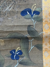 Chinese school: 'Rooster and flowers', ink and colour on silk, 19/20th C.