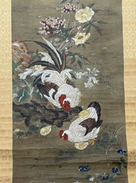 Chinese school: 'Rooster and flowers', ink and colour on silk, 19/20th C.
