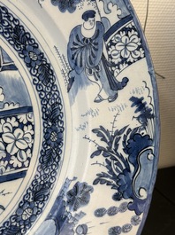 A large blue and white Dutch Delft chinoiserie dish, late 17th C.