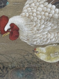 Chinese school: 'Rooster and flowers', ink and colour on silk, 19/20th C.