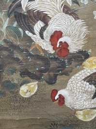 Chinese school: 'Rooster and flowers', ink and colour on silk, 19/20th C.