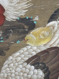 Chinese school: 'Rooster and flowers', ink and colour on silk, 19/20th C.